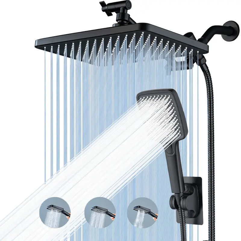 11.8 inch high pressure rain shower head,dual shower head combo with 3-mode handheld spray,9.65''extension arm,59''hose,shower head holder,3-way water diverter,leak-proof washer,teflon tape,bathroom accessories Black
