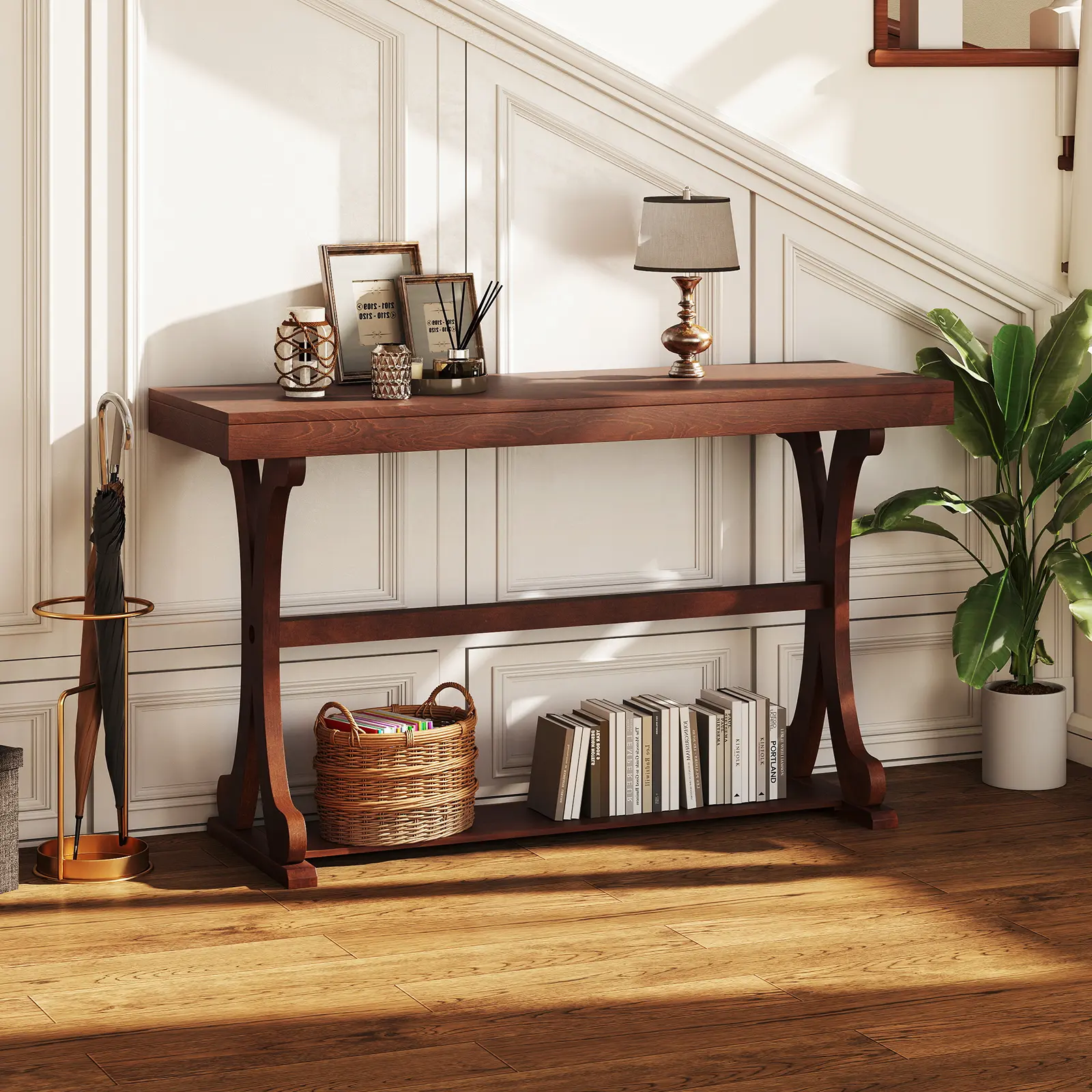 COSTWAY - Narrow Console Table Vintage 52 Inch Long with Open Storage Shelf-Walnut