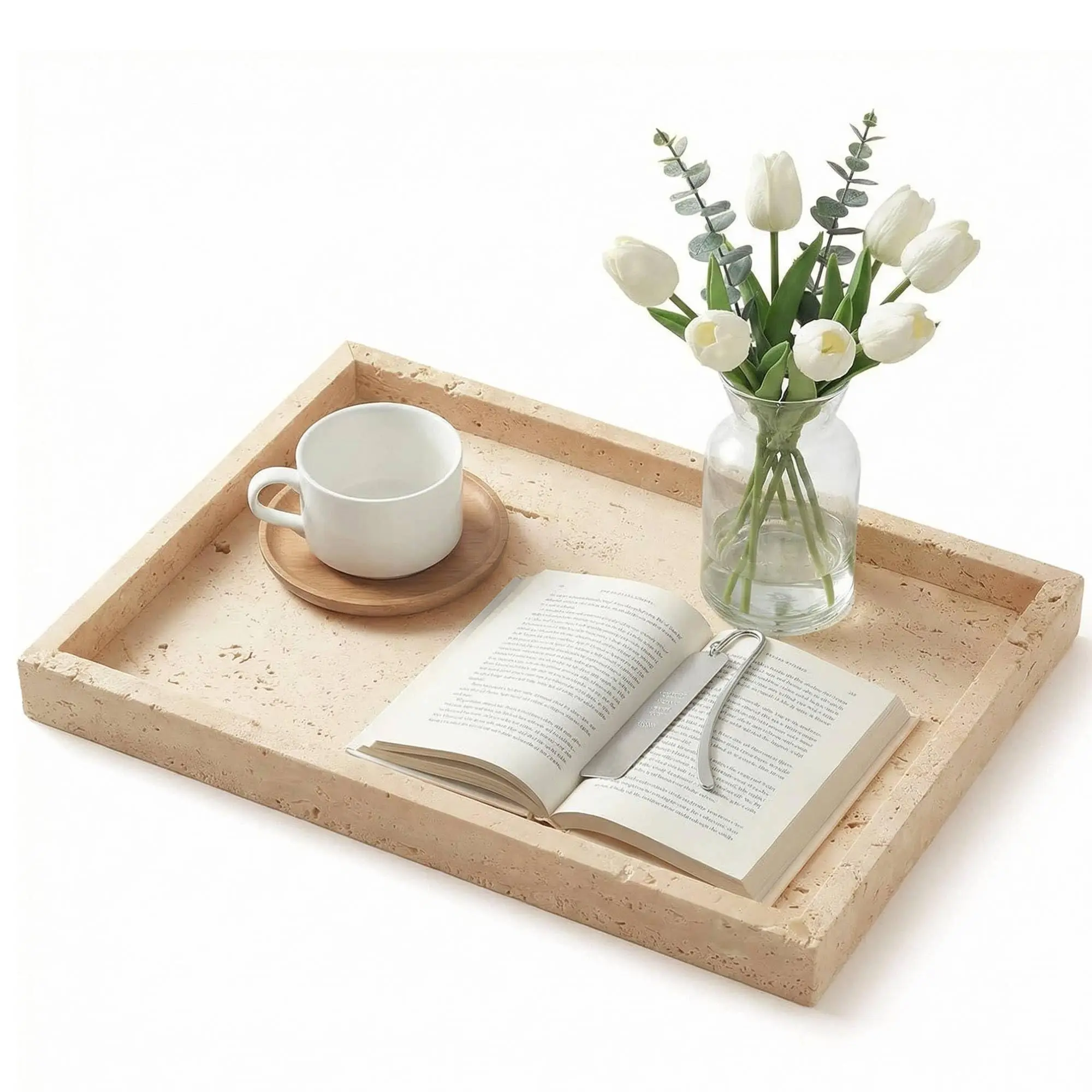Yellow Travertine Stone Jewelry Tray, Handcrafted 30 x 20cm Marble Organizer for Perfume, Accessories and Bathroom Counter