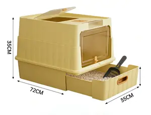52x35x35cm Yellow Foldable Hooded Cat Litter Box with Drawer Tray & Top Entry, Odor-Locking & Anti-Tracking Design for Large Cats & Multi-Cat Households, Ideal for Home Living Rooms & Pet Corners