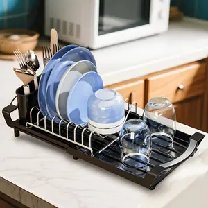 Iron Expandable Utensil Rack with Detachable Storage Box, Compact Automatic Drainage Board, Sink Cup Bowl Holder, Portable Kitchen Organizer