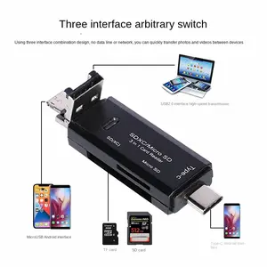 Three-In-One Multi-Function Type-C USB Card Reader, Smart Durable OTG Adapter, Flip Cover Micro SD Slot, Compatible with Smartphone Tablet Laptop