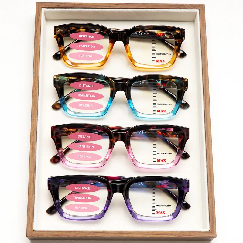 4pcs Progressive Multifocal Blue Light-Blocking Reading Glasses Featuring a Stylish Retro Print Design, Rectangular Frames, Spring Hinges, And Durable Lenses—Perfect For Everyday, Casual, And Various Occasions