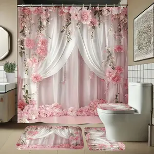 Floral Pattern Bathroom Set, Includes Soft Shower Curtain, Bath Mat, Toilet Seat Cover, Elegant Decor, 1/4 Piece Set, Shower Curtain Sets