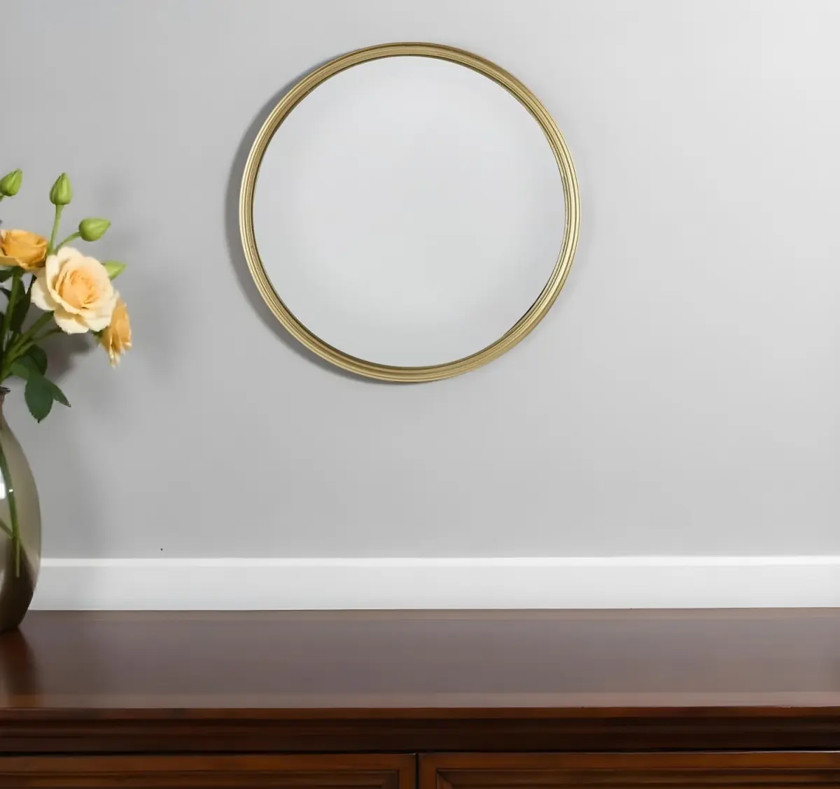 360 Stand 10 in. Gold Round Modern Iron Frame Wall Mirror - Textured Ring, Glass, Wall Mount, Geometric Home Decor Element, Easy Installation, Frame Wall-Mounted Mirrors