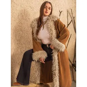 Winter Vintage American Style Camel Deer Leather Plush Mid-Length Fur Collar Cotton Jacket Warm Outerwear for Stylish Women Womenswear Coats Brown Long Sleeve Minimalist Tops Everyday Faux