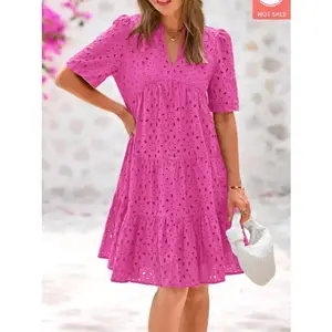2025 Trendy Short Sleeve Mini Dress V-Neck Eyelet Ruffle A-line Swing Summer Outfit Chic Hollow Out Cotton Casual Womenswear Boho Style