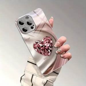 Pink Heart Diamond Ripple Pattern Electroplated Glass Phone Case Compatible with iPhone 16/15/14/13/12/11 Pro Max/Plus,