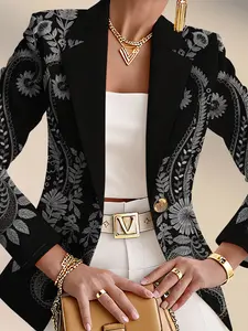 Women's Autumn Outdoor Print Floral Blazer Jacket, Casual Fitted Design, Regular Length, Spring & Fall Fashion, Single Piece Outerwear