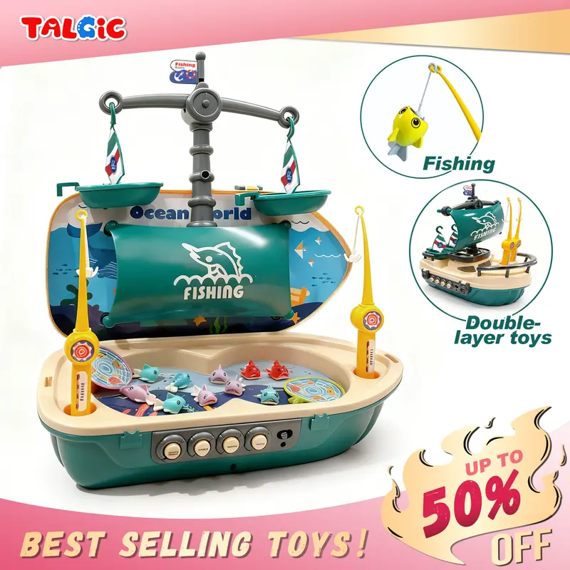 Magnetic Fishing Toys for Kids with Fishing Poles and Floating Fishes,Electric Fishing Catching Game Toy with Song Story and Animal Sound,Fishing Pole Game Set Educational Toys for Kids 3+(Green)