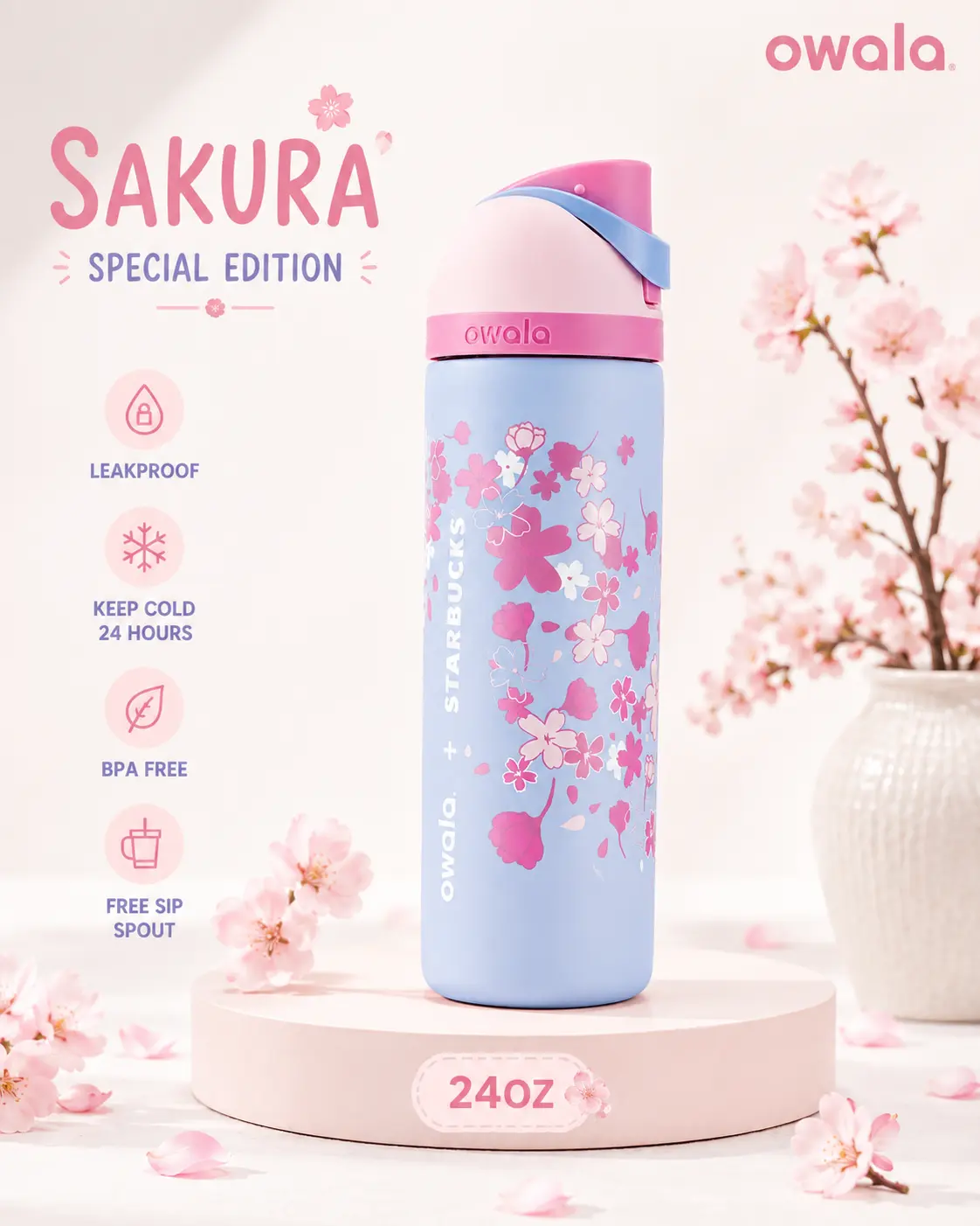 Owala Sakura - Starbucks Europe Spring Sakura Collection 24oz Owala Sakura - Starbucks Europe Spring Sakura Collection 24oz