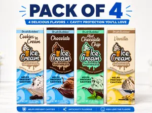 BrushBuddies Flavored Toothpaste Ice Cream - Cookies 'n cream, Chocolate, Mint Chocolate Chip and Vanilla - Set of 4 - 3.5 oz each - Helps prevent cavities, anticavity fluoride providing a fun, dessert-like, or minty, flavor experience Oral, dental care