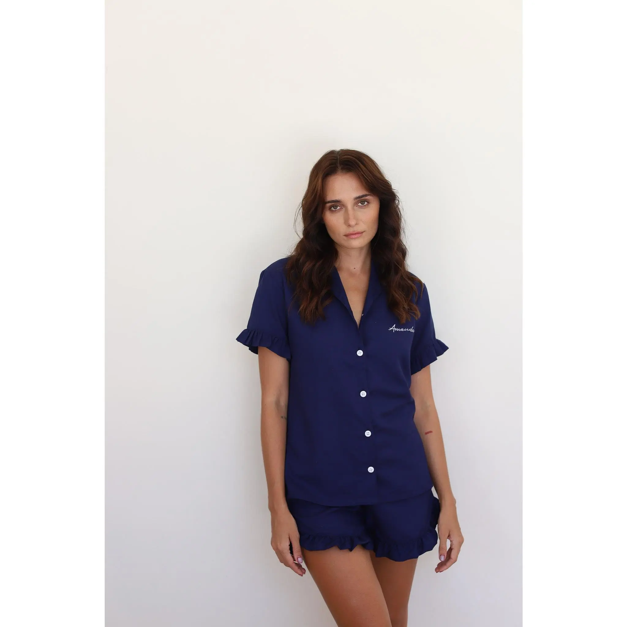 Navy Ruffle Rayon Shortie Pajamas