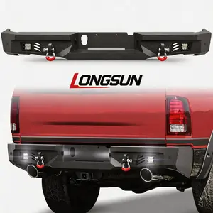 Longsun Ram 1500 Rebel Rear Bumper for 2015-2018 Ram 1500 Rebel, Textured Black Pickup Truck Bumper with Step Plate, LED Lights, Sensor Holes and D-rings fck bars Front Winch Kit