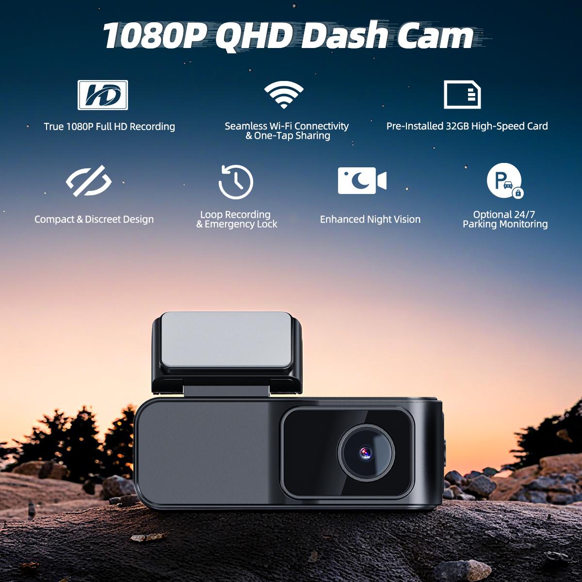 Mini 1080P Dash Cam Car Recorder with WiFi, 32GB Included, Loop Recording, G-Sensor Lock, Night Vision, Hidden Car Camera with Parking Monitor