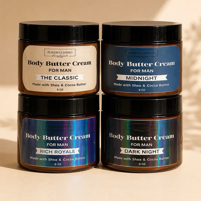 PureBellissimo Men’s Body Butter 4-Pack Gift Set - Rich Royale, Dark Night, Midnight, The Classic Scents - 6 oz Each
