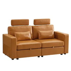 69.7" Loveseat Storage Sofa, Faux Leather Love Seat Couch with Headrest & Pocket, Modular Sectional Cloud 2 Seater Sofas for Living Room Apartment Small Spaces, Oversized Deep Seat Couches