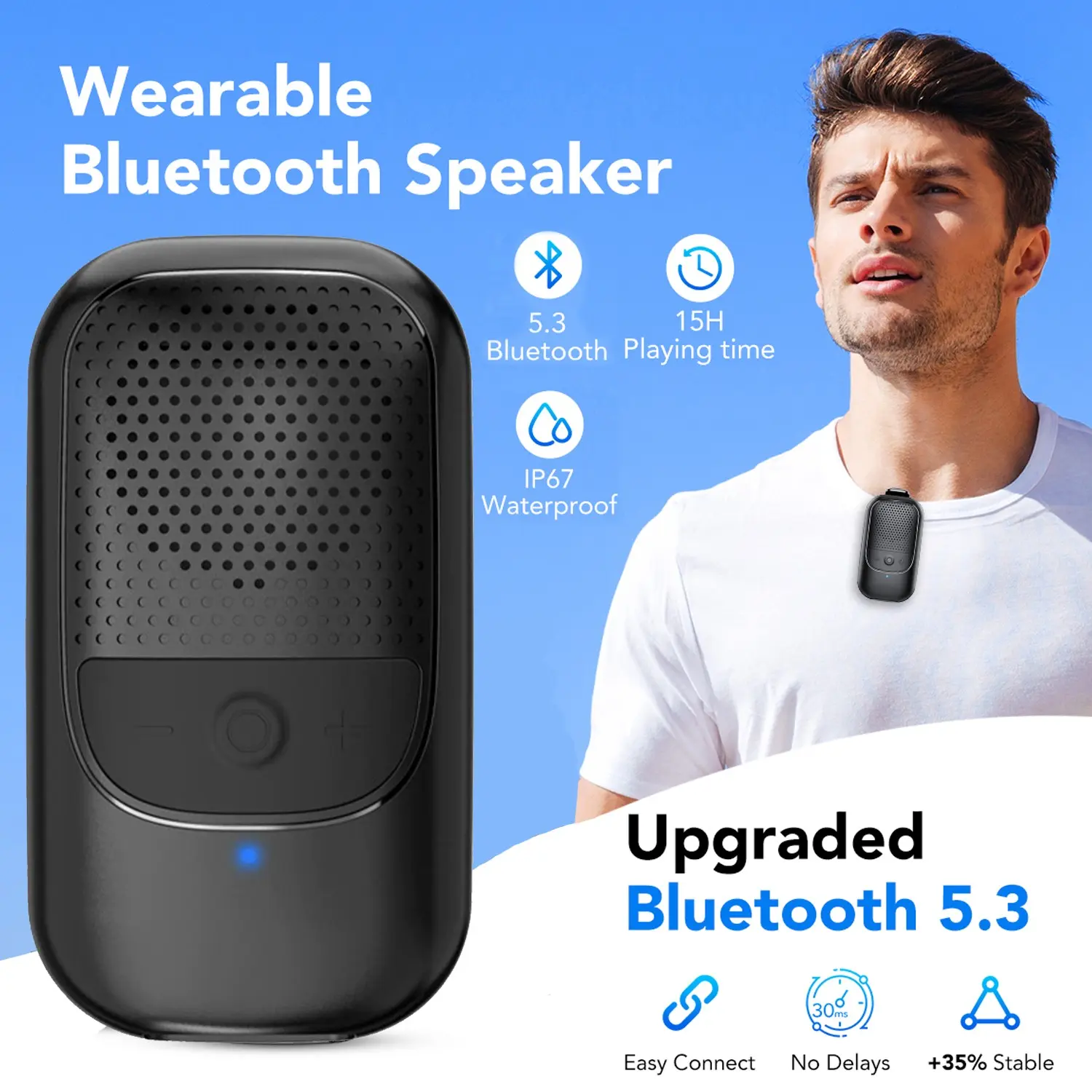 Wireless Clip-On Speaker, Ip67 Waterproof, Enc Microphone, Large Touch Buttons, Wearable, Ideal for Running, Hiking, Outdoor Activities, Portable Waterproof Speaker
