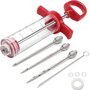TGE-V 1-oz Plastic BBQ Marinade Injector Kit, Turkey Injector Syringe (3 Stainless Steel Meat Needles + 3 Replacement O Rings + 1 Cleaning Brush) for Smoked BBQ Grill