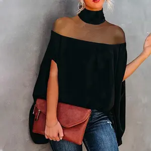 Women's Batwing Sleeves See-Through High-Neck Blouse – Minimalist, Casual Comfort for Everyday Wear casual long sleeve knit top The size is too big, it is recommended to order a smaller size