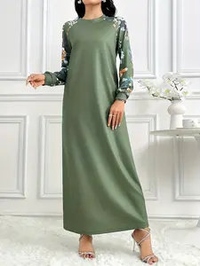 Women's Elegant Floral Print Round Neck Long Sleeve Tunic Dress, Casual Loose-Fitting Arabic Style, All Seasons Fashion