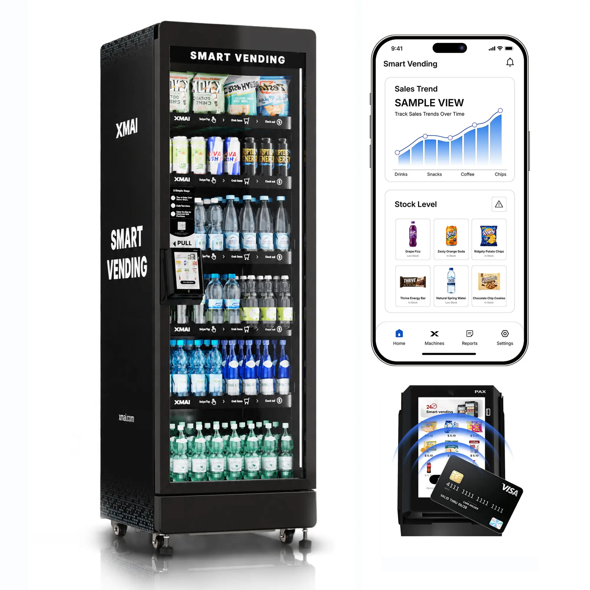 XMAI Pro M520 Commercial Smart Vending Machine for Business - 99.7% AI-Powered Self-service Retail Machines for Sale Card Reader & App Control Refrigerated Snacks and Drinks Combo with Credit Card & NFC Payment