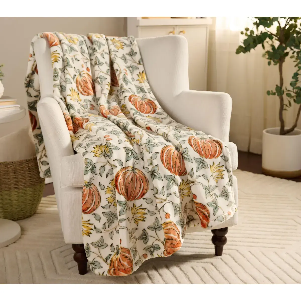 Watercolor Pumpkin Harvest Plush Blanket, Hay & Harvest Oversized 60x80 Throw for Fall Room Decor, Cozy Autumn Textile Soft Furnishing
