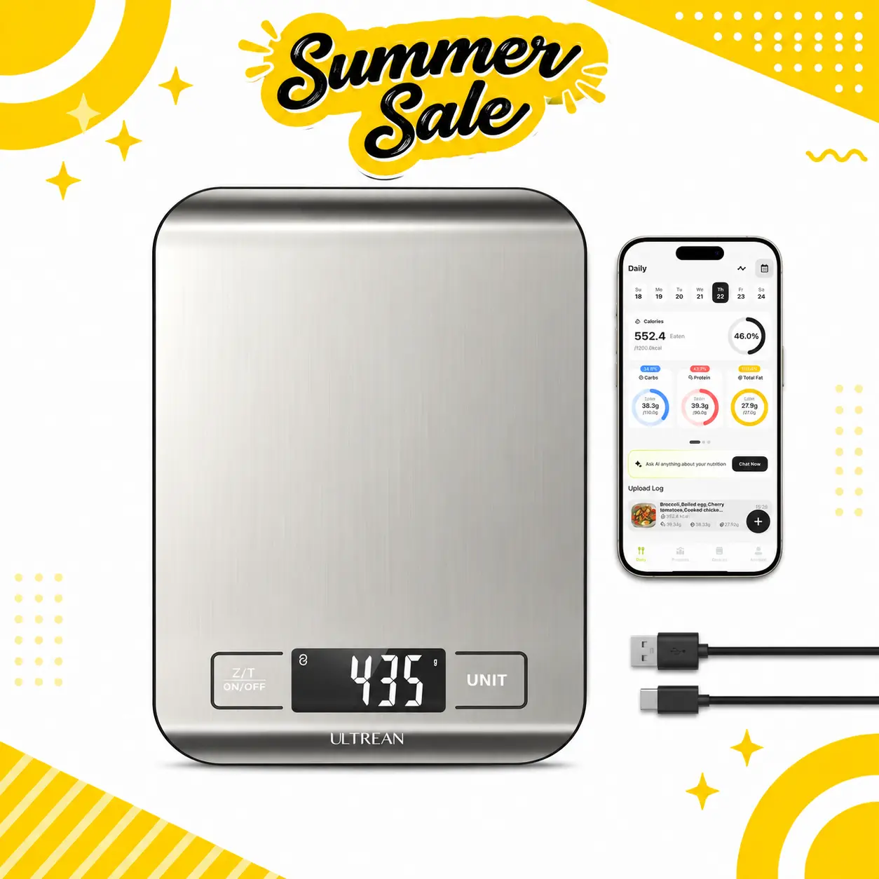 Ultrean Smart Kitchen Scale, 33lb Digital Food Scale with Built-in Nutritional Calculator