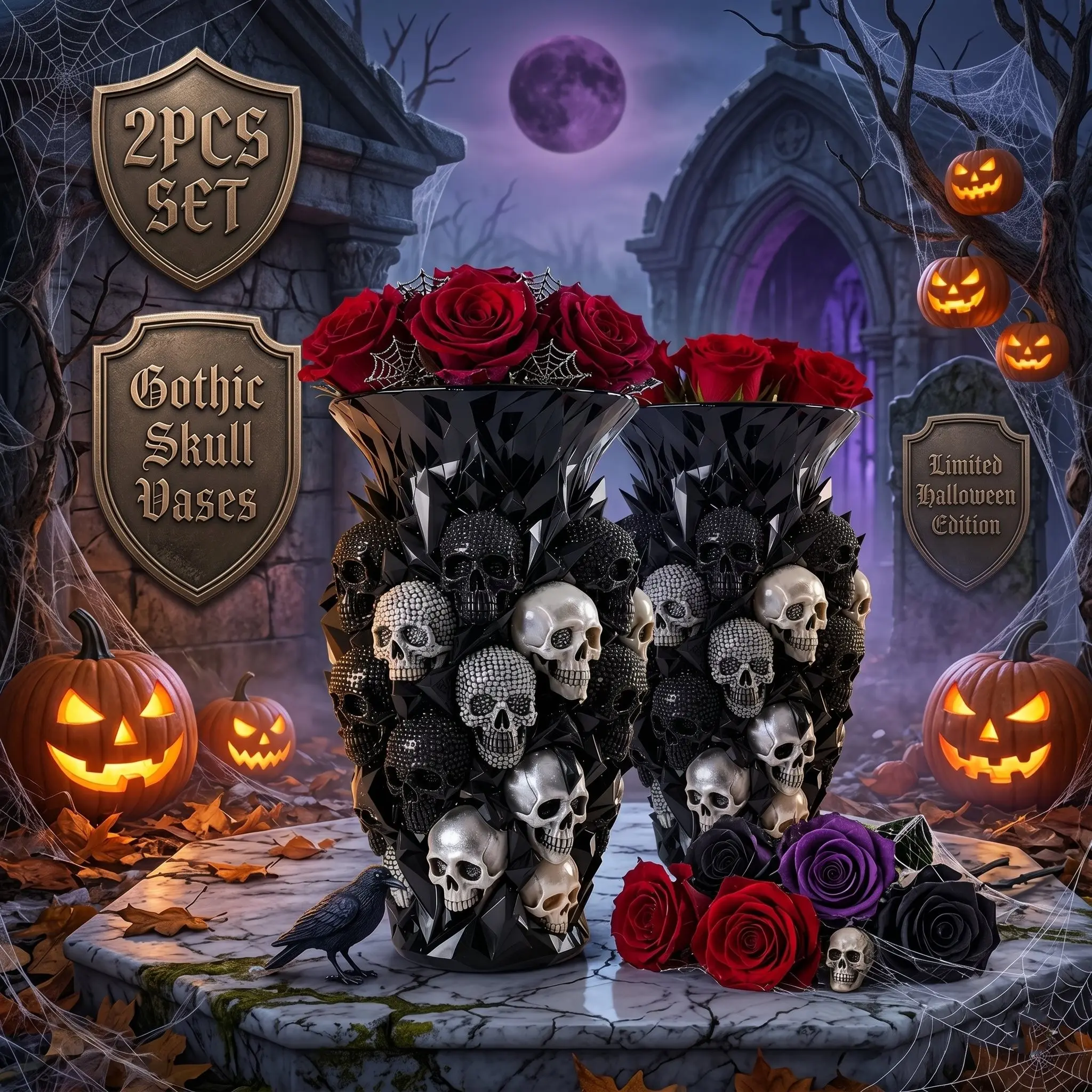 2PCS Gothic Black Skull Vase Resin Crystal Style 3D Skeleton Head Statue Dark Art Home Decor Decorative Vase Set Halloween Room Decoration Bookshelf Desktop Ornament Goth Spooky Theme Party Centerpiece Unique Collectible Gift Flower Vase