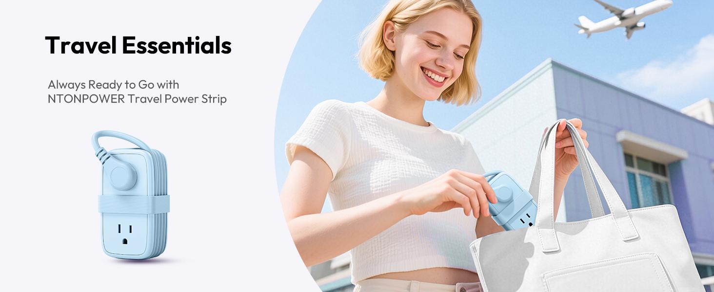 NTONPOWER Travel Essentials 7-in-1 Travel Power Strip with 4 Outlets, 2 USB-A & 1 USB-C, Cruise-Approved Flat Plug, 4ft Wrapped Extension Cord for Hotel, Dorm & Camping