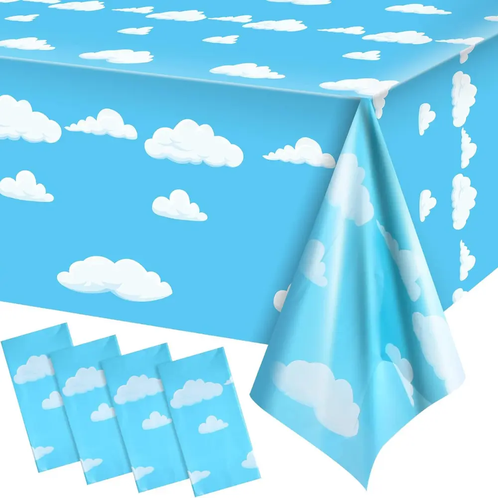 4Pack Blue Sky White Clouds Birthday Party Supplies Cartoon Story Tablecloth Party Table Cover Cartoon Table Banner for Baby Kids Shower Birthday Party Decorations, 54 x 108 Inch