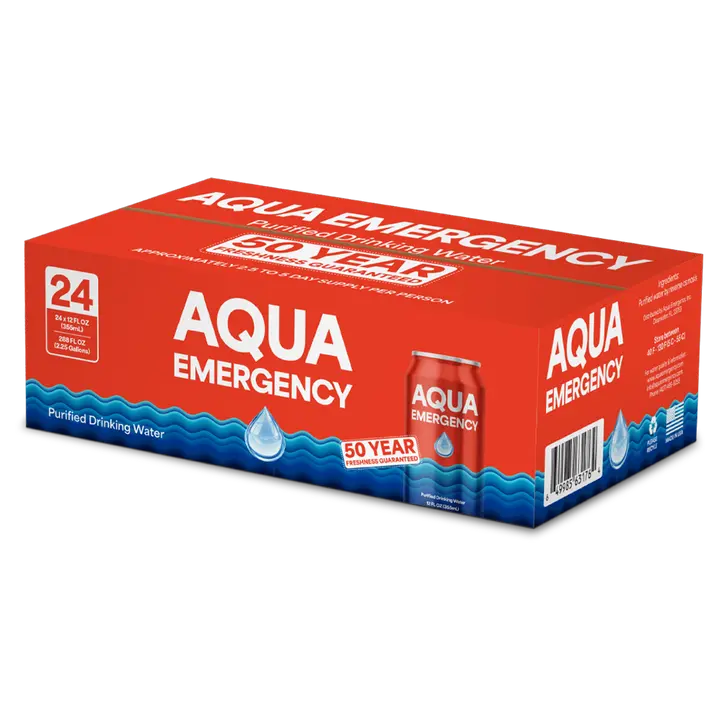 Aqua Emergency Water Pallet of 100 cases, each case 24 Cans, 50 year shelf life