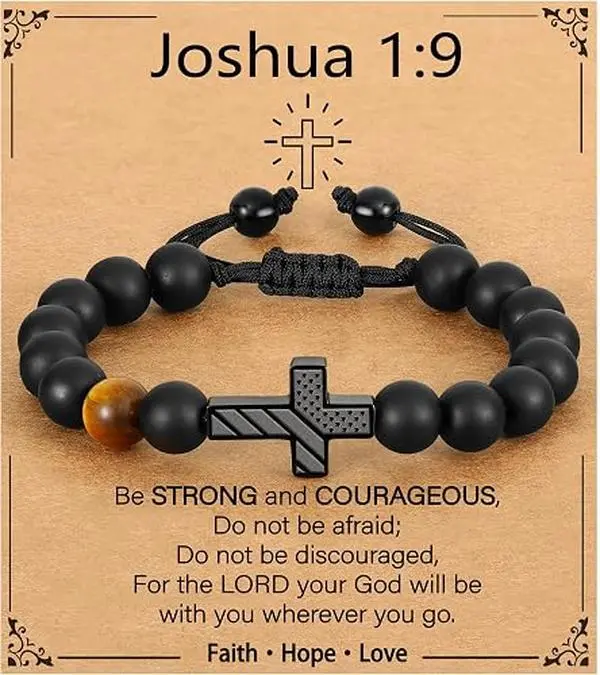 Cross Bracelet for Boys Men, American Flag Cross Natural Beads Bracelet Christian Religious Birthday Jewelry Gifts for Teen Boys