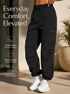 Women's Summer Hiking Cargo Pants, Outdoor Soft Shell Long Pants, Elastic Drawstring Waist, Multiple Zip Pockets, Adjustable Ankle, Lightweight