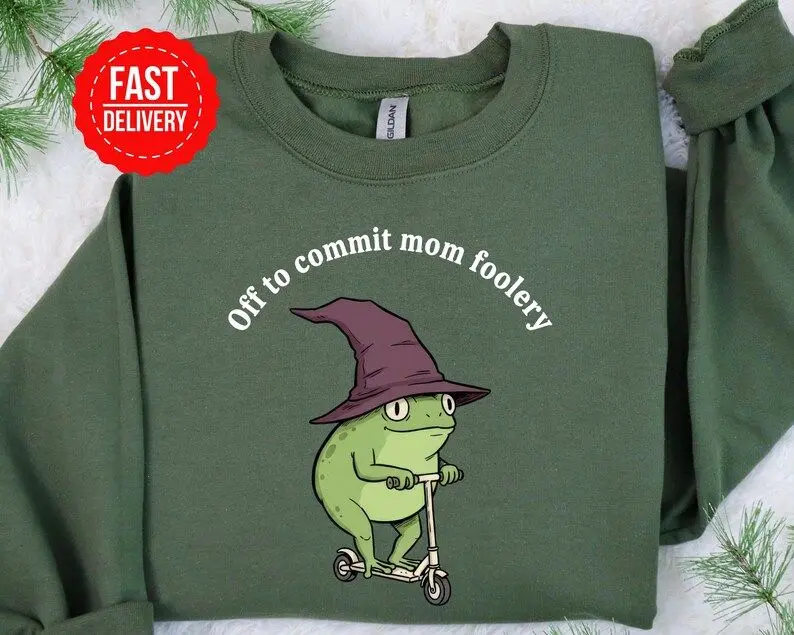 Funny Mom Frog Sweatshirt, “Off to Commit Mom Foolery” Crewneck, Silly Frog Meme Pullover, Cozy Chaos Mom Outfit