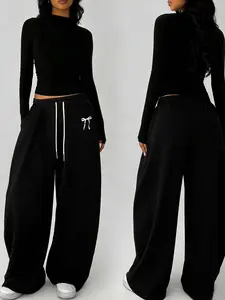 tiktokshopspringglowup Y2K Black Wide Leg Sweatpants | High Waist Baggy Fit with Cute Bow Embroidery | Soft Casual Loungewear for Streetwear & Daily Outfits | Comfy Adjustable Drawstring Bottom Trousers for Women