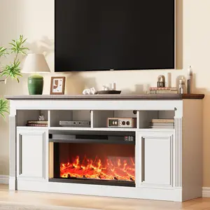 Garvee 68" Farmhouse Electric Fireplace Console Table with Open Storage Shelves and Cabinets, Fits Up to 75" Screens, Ideal for Living Room Entertainment Center