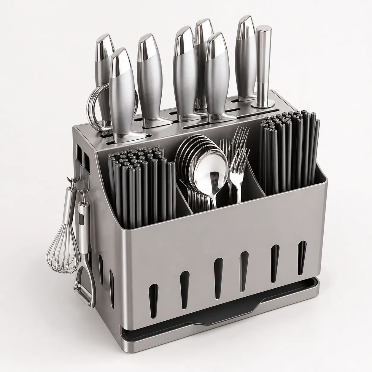 Stainless Steel Knife and Utensil Organizer with 7 Knife Slots, 3 Compartments, Removable Drain Tray and Hooks, Countertop or Wall-Mounted Kitchen Storage Rack