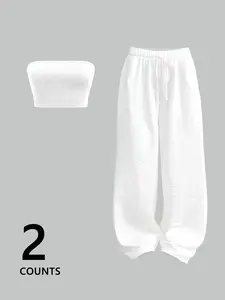 Women's Two-Piece Crop Top and Long Pants Set, Fitted Knit Camisole Casual Wear Womenswear, Sexy Youthful Casual Sporty Outdoor Commuter Versatile Preppy Style Fashion Trouser