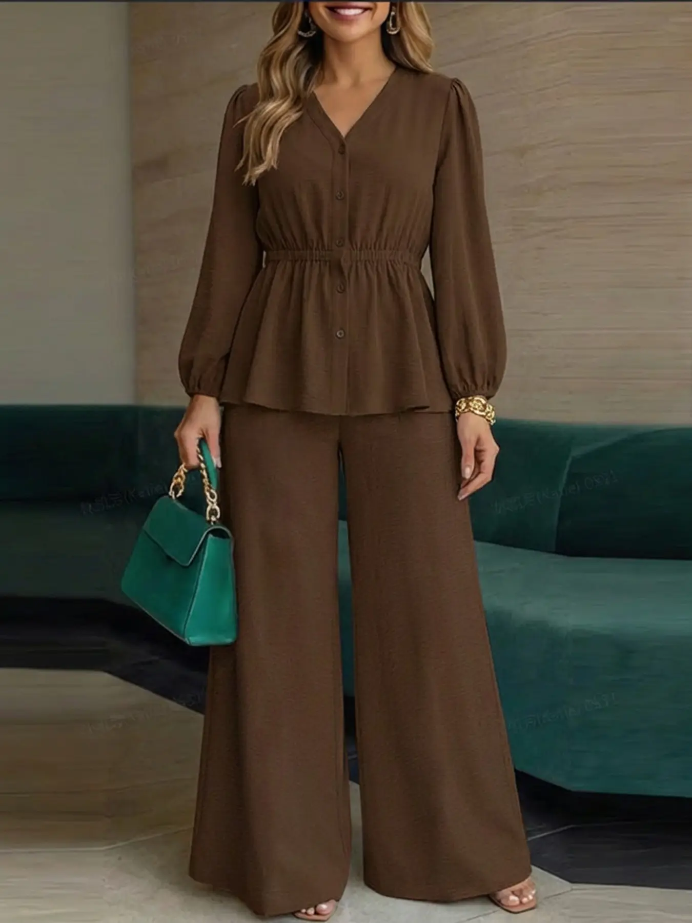 Casual V Neck Long Sleeve Woven Top and Straight Leg Pants Set, Women's Two Piece Womenswear, Comfortable, Stylish and Feminine, Perfect for Daily Wear, Everyday Clothes