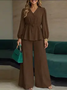 Casual V Neck Long Sleeve Woven Top and Straight Leg Pants Set, Women's Two Piece Womenswear, Comfortable, Stylish and Feminine, Perfect for Daily Wear, Everyday Clothes