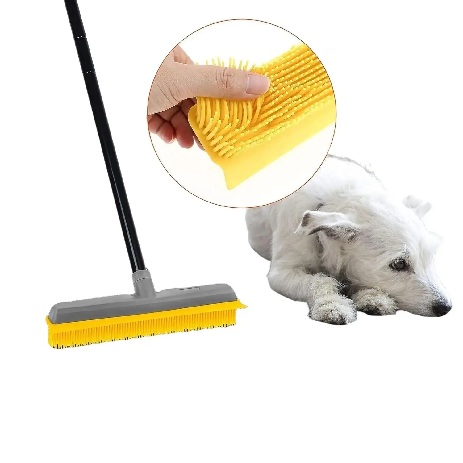 Pet Hair Broom Rubber Broom 59" Long Handle with Build-in Squeegee Silicone Broom for Sweeping Hardwood Floor Tile