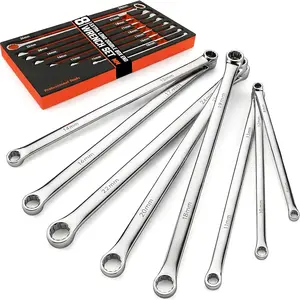 8-Piece Extra Long Double Box-End Wrench Set, 12-Point Metric 8–24 mm, CR-V Steel, 15° Offset, Off-Corner Loading, with EVA Foam Organizer