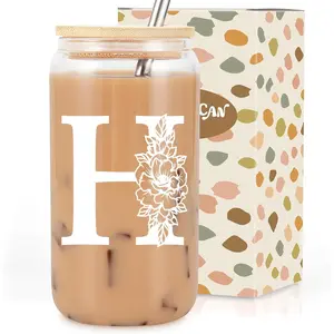 Initial Glass Cup, Monogrammed Gifts for Women, 16 oz Glass Cups w/ Straws, Iced Coffee Smoothie  Tumbler w/Straw Lid, Personalized Valentines, Birthday Gifts for Her Mom  Woman