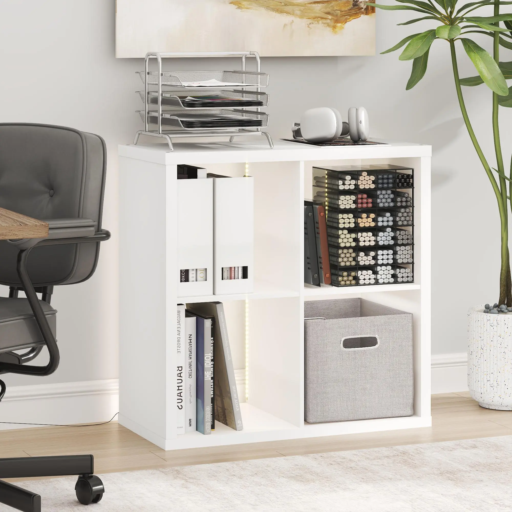 White 4-Cube LED Cubicle Bookshelf with Reversible Setup, Extra Thick Frame, Open Back Shelves, Single Unit Open Display Storage, Small Space Furniture for Living Room, Home Office Organization, Cube Shape
