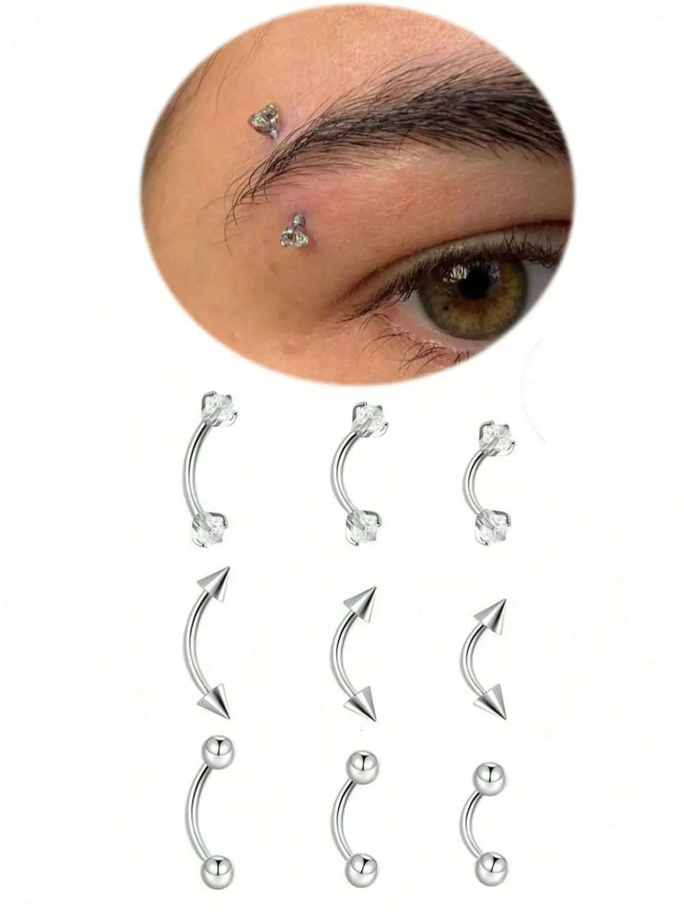 9-Piece Stainless Steel Eyebrow Rings Body Piercings Set, Eyebrow Studs, Unisex Piercing Jewelry, 16g, Sizes 6mm/8mm/10mm, for Earlobe, Lip, Navel, Tragus, Helix