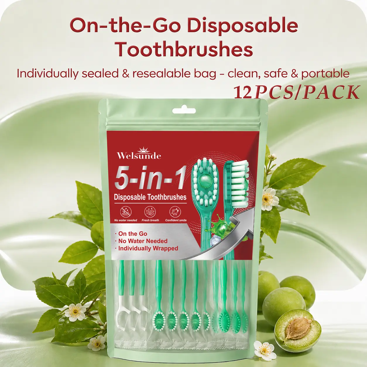 Welsunde 5-in-1 Compact Oral 3D Soft-Bristled Manual Toothbrushes, 12PCS/Pack Individually Sealed in Resealable Bag, Portable Mini On-the-Go Clean Safe Disposable Toothbrushes
