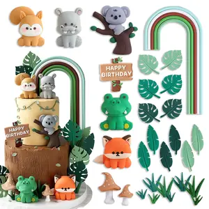 29-Piece Forest Rainbow Animal Cake Topper Set, Jungle Squirrel Hippo Koala Crocodile Fox Mushroom Turtle Bamboo Birthday Party Decorations