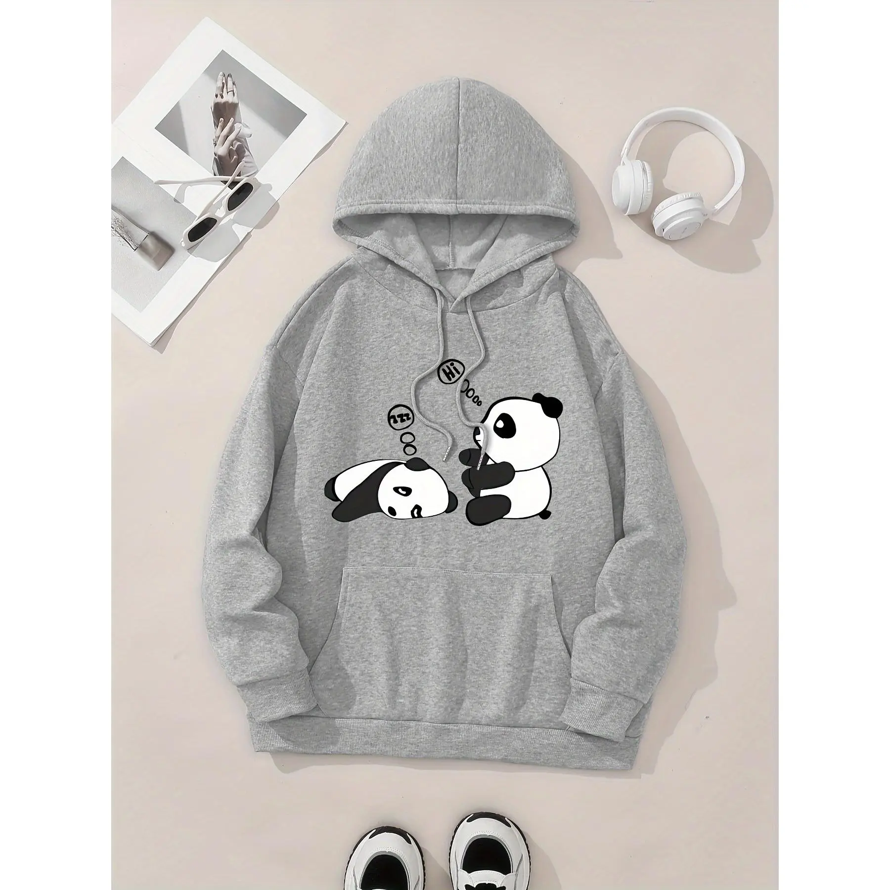 Cozy Women's Panda Graphic Hoodie - Cute Sleeping Panda Print, Casual Gray Polyester Sweatshirt with Drawstring & Kangaroo Pocket, Long Sleeve, Perfect for Fall/Winter, Panda Gifts
