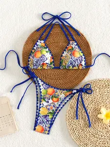 Two-Piece Lemon Court Random Print Sexy Colorblock Swimsuit, Women's Bikini Set, Beach Vacation Summer Side Tie Swim Trunks